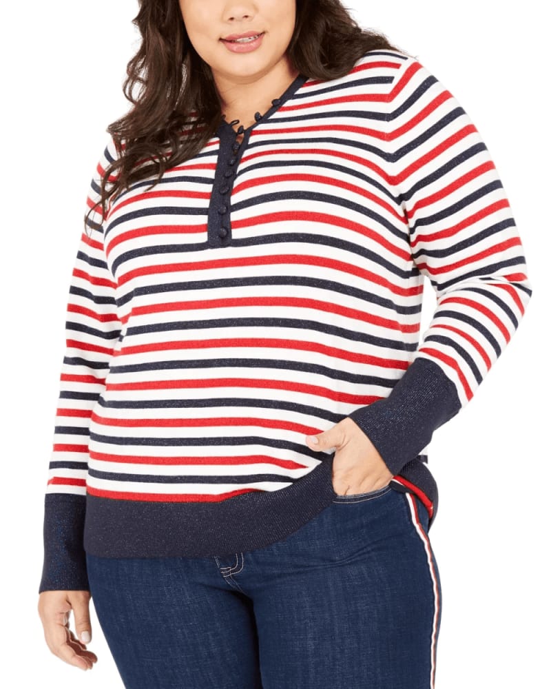 Front of a model wearing a size 2X Tommy Hilfiger Women's Plus Metallic Striped Button Up Top White Size 2X in White by Tommy Hilfiger. | dia_product_style_image_id:311655